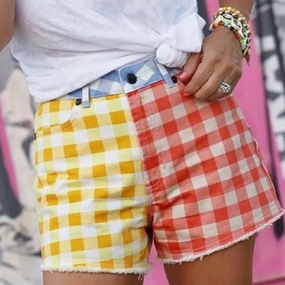Farm Rio X Anthropologie Colorful Gingham High Waist Cut Off Denim Shorts Small